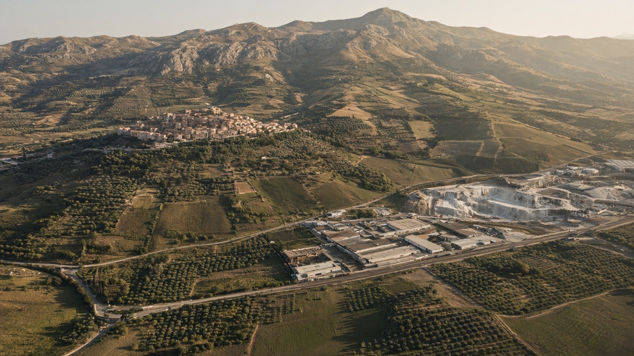 Vista aerea del territorio di Guidonia Montecelio tra colline, aree agricole e insediamenti produttivi